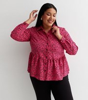New Look Curves Pink Spot Collared Long Sleeve Peplum Blouse